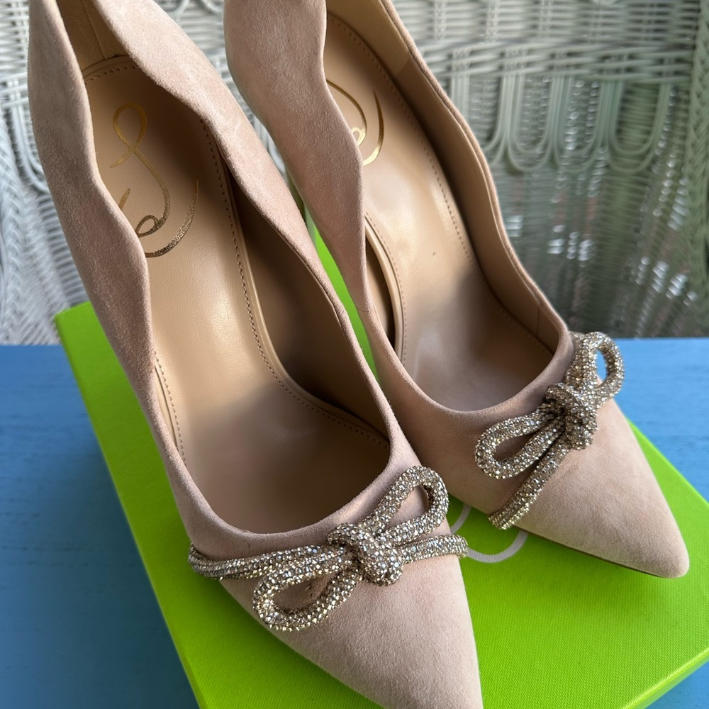 Sam Edelman Beige Suede Heels with Bow Detail